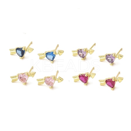 Heart with Arrow Real 18K Gold Plated Brass Stud Earrings EJEW-L270-06G-1