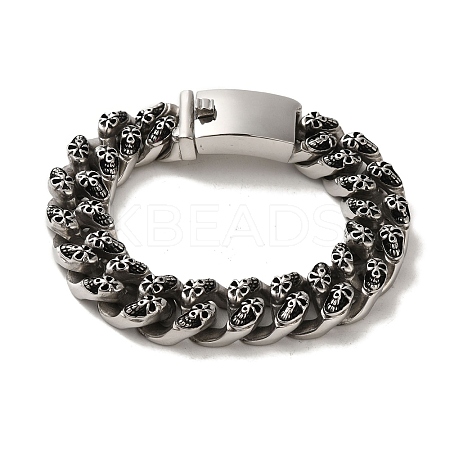 304 Stainless Steel Skull Cuban Link Chain Bracelets for Women Men BJEW-Q341-06E-AS-1