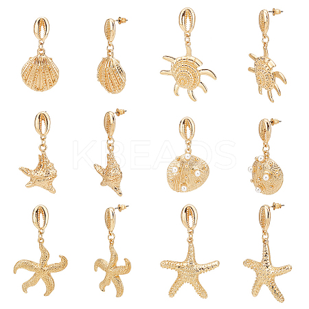6 Pairs 3 Style Shell & Starfish Steel Asymmetrical Earrings with ABS Imitation Pearl Beaded EJEW-PH0001-15-1