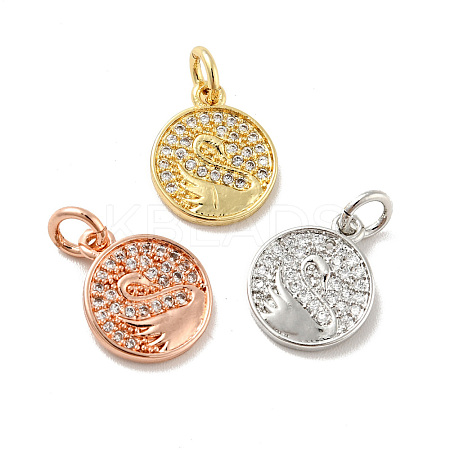 Flat Round with Swan Pattern Brass Micro Pave Clear Cubic Zirconia Charms KK-G425-22-1