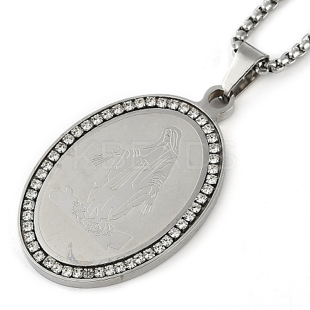 201 Stainless Steel Crystal Rhinestone Religion Virgin Mary Oval Pendant Box Chain Necklaces LS-NJEW-D089-04P-1