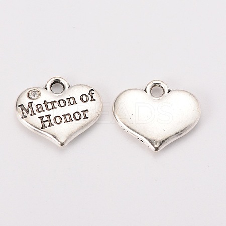 Wedding Theme Antique Silver Tone Tibetan Style Heart with Matron of Honor Rhinestone Charms LS-TIBEP-N005-03A-1