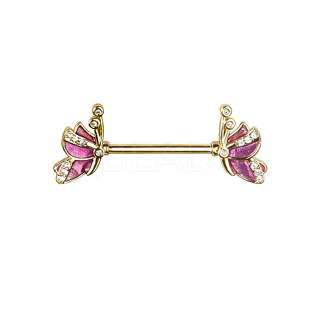 Brass Enamel with Crystal Rhinestone Hot Pink Butterlfy Barbell Nipple Rings FS-WGE2017-11-1