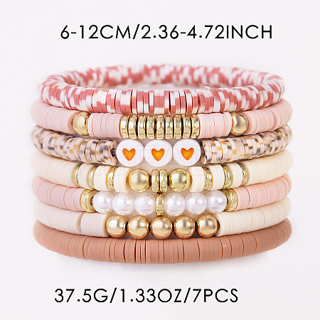 7Pcs Heart Pattern Polymer Clay & Plastic Pearl & CCB Plastic Beaded Stretch Bracelet Set for Women FS-WG634BB-08-1