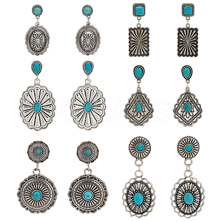6 Pairs 6 Style Rhombus & Rectangle & Oval Synthetic Turquoise Dangle Stud Earrings EJEW-AN0001-05-1