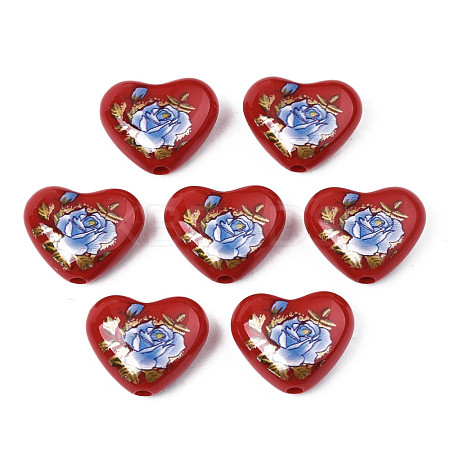 Flower Printed Opaque Acrylic Heart Beads SACR-S305-28-I02-1