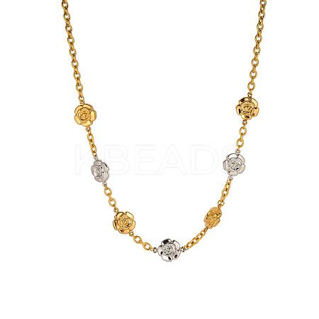 Two Tone 304 Stainless Steel Rose Flower Link Chain Necklaces for Women FS-WGCC2B1-01-1