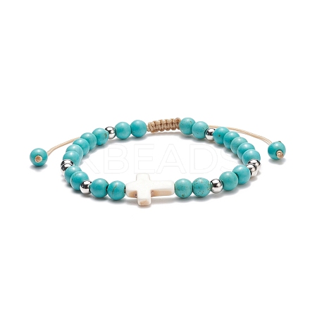 Synthetic Turquoise(Dyed) Braided Bead Bracelet with Synthetic Magnesite Cross BJEW-TA00146-02-1