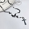 Alloy and Iron Ankh Cross Heart with Bat Wings Pendant Black Round Acrylic Rosary Bead Necklaces LS-NJEW-D335-01BP-1