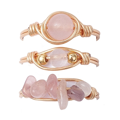 3Pcs 3 Styles Natural Rose Quartz & Amethyst & Green Aventurine Finger Rings RJEW-JR00745-1
