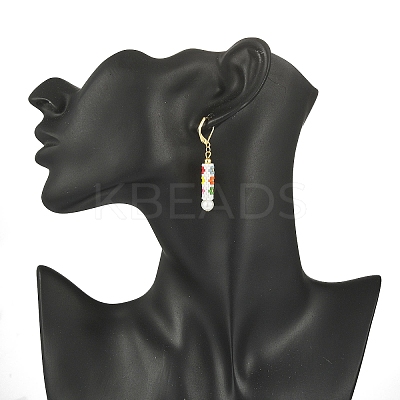 Glass Seed Braided Column with Flower Dangle Leverback Earrings EJEW-MZ00055-1