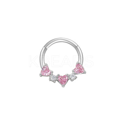 316L Surgical Stainless Steel Pave Pearl Pink Cubic Zirconia Heart Hoop Nose Rings FS-WG2F513-13-1