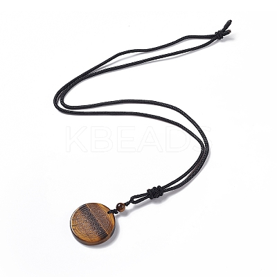 Natural Gemstone Flat Round with Flower of Life Pendant Necklace with Nylon Cord for Women NJEW-P274-02-1