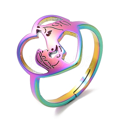 Ion Plating(IP) 304 Stainless Steel Heart with Horse Adjustable Ring for Women RJEW-M149-20RC-1