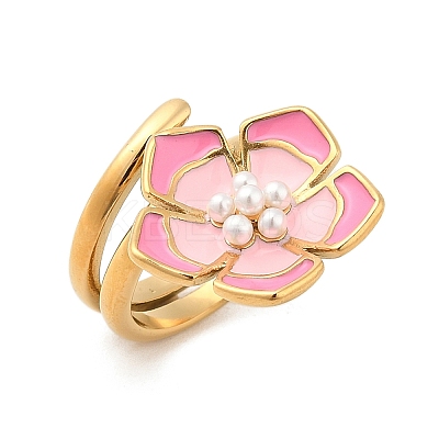 Flower 304 Stainless Steel Enamel Cuff Rings for Women RJEW-Z079-01G-1