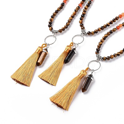 Natural Tibetan Agate Bullet & Tassel Pendant Necklace with Mixed Gemstone Beaded Chains NJEW-E585-02B-1