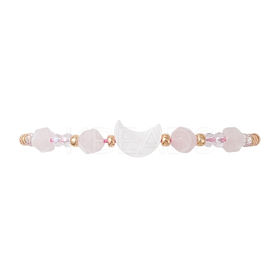 Natural Rose Quartz & Freshwater Shell Moon Charm Bracelets BJEW-MZ00303-03-1