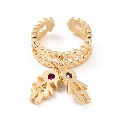 Cubic Zirconia Boy and Girl Charm Open Cuff Ring RJEW-C024-12G-1