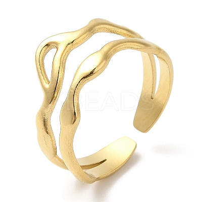 304 Stainless Steel Hollow Wave Open Cuff Ring for Women X-RJEW-I098-03G-1