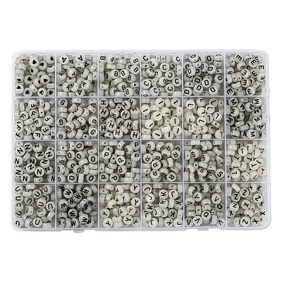 27 Style Flat Round with Black Letter & Heart Acrylic Luminous Beads SACR-YW0001-37-1