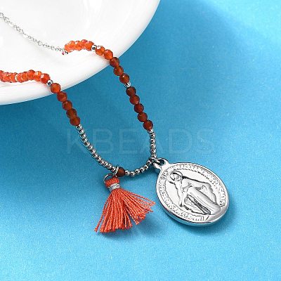 304 Stainless Steel Oval Virgin Mary Pendant Necklaces NJEW-A045-24P-1