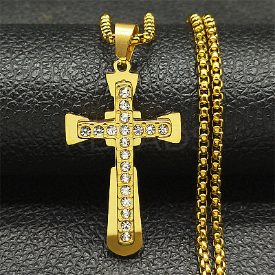 201 Stainless Steel Crystal Rhinestone Religion Cross Pendant Necklaces LS-NJEW-H065-08G-1