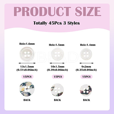 45Pcs 3 Styles 4-Holes Shell Buttons BUTT-TA0001-28-1