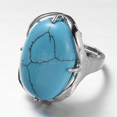 Adjustable Oval Brass Synthetic Turquoise Wide Band Rings RJEW-L062-03G-1
