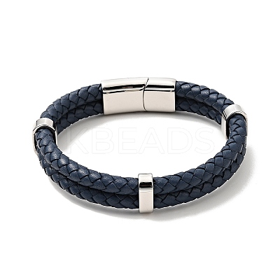 Leather Braided Double Loops Multi-strand Bracelet with 304 Stainless Steel Magneti Clasp for Men Women BJEW-C021-16-P-1