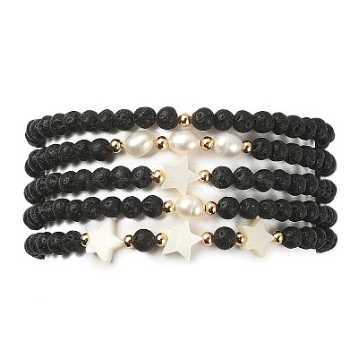 5Pcs 5 Style Natural Lava Rock & Pearl & Shell Star Beaded Stretch Bracelets Set BJEW-JB09495-03-1