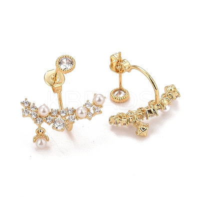 Clear Cubic Zirconia Branch Front Back Stud Earrings with Acrylic Pearl EJEW-C022-20G-1