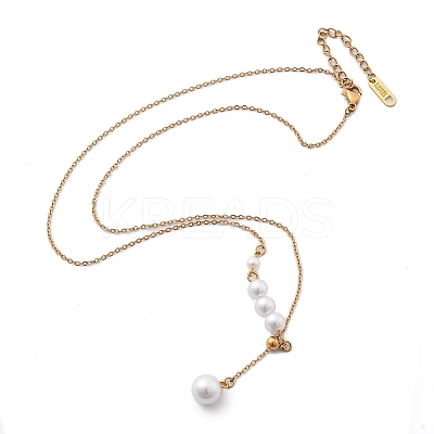 Ion Plating(IP) 304 Stainless Steel & White Plastic Pearl Round Pendant Lariat Necklaces for Women NJEW-P320-18G-1