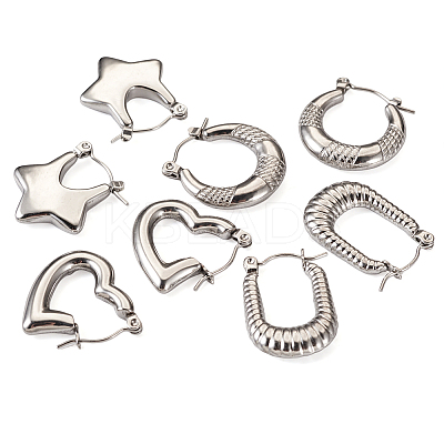 4 Pairs 4 Style Star & Rectangle & Heart & Croissant 304 Stainless Steel Hoop Earrings for Women EJEW-TA0001-17-1