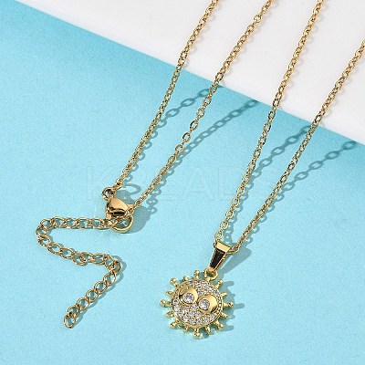 Brass Micro Pave Clear Cubic Zirconia Sun Pendant 304 Stainless Steel Chain Necklaces for Women NJEW-D341-06G-1