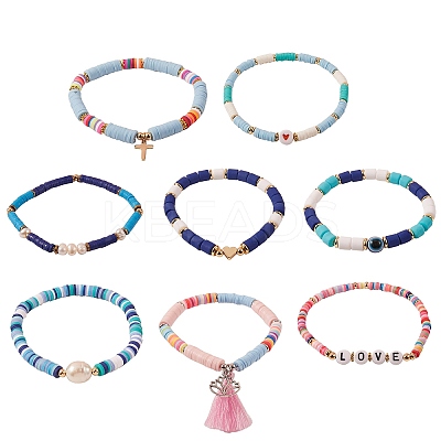 8Pcs 8 Style Polymer Clay Heishi & Natural Pearl & Non-magnetic Synthetic Hematite Beads Stretch Bracelets Set for Girl Women BJEW-SZ0001-81-1
