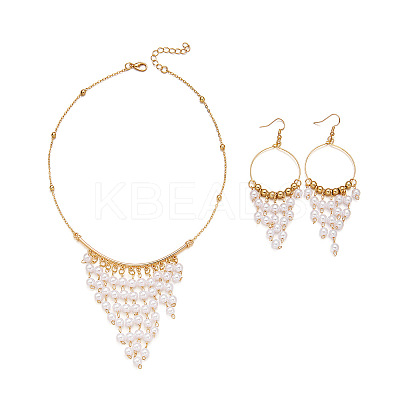 Alloy & Round Imitation Pearl Tassel Necklaces & Earring Set for Women WG0A440-01-1