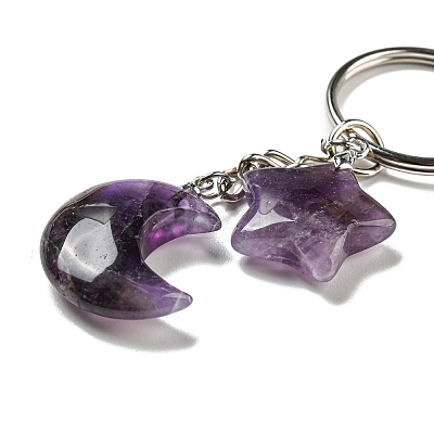 Reiki Natural Amethyst Moon & Star Pendant Keychains KEYC-P015-02P-02-1