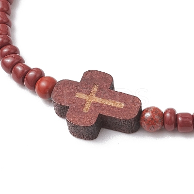 4Pcs Cross Glass Seed Beads with Natural Wood Beads & Red Jasper Beads & Magnesite Beads & Howlite Round Beads Braided Bead Bracelets for Women BJEW-JB11898-1