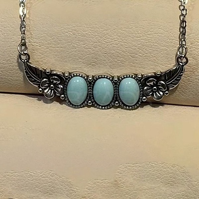 925 Sterling Silver with Dyed Synthetic Turquoise Oval with Leaf Pendant Necklaces NJEW-C109-01-1