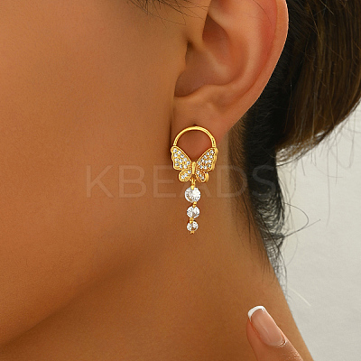 Elegant Butterfly Brass Pave Clear Cubic Zirconia Dangle Stud Earrings UU2168-1