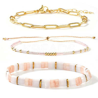 3Pcs 3 Styles 304 Stainless Steel Paperclip Chain Bracelets & Glass Seed Bead Stretch & Slider Bracelets for Women SL8246-1-1