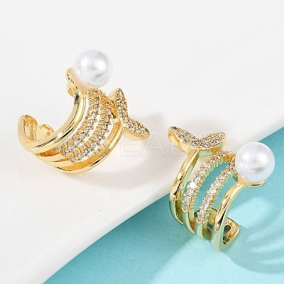 Fishtail Brass Micro Pave Clear Cubic Zirconia Cuff Earrings EJEW-Z111-04G-01-1