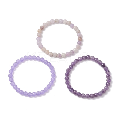 3Pcs Natural Amethyst & Dyed Malaysia Jade & Lavender Amethyst Round Beaded Stretch Bracelets for Women BJEW-JB12835-1