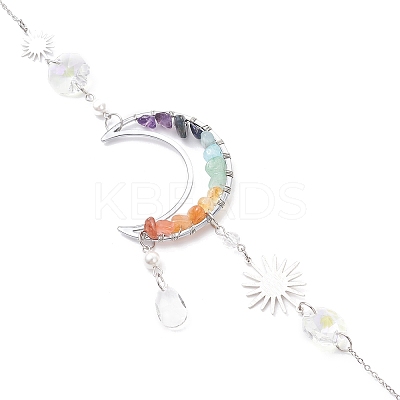 Brass Moon & Chakra Natural Mixed Gemstone Chips Hanging Suncatchers HJEW-JM04488-1