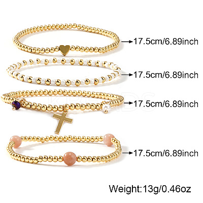 4Pcs Bohemian Beach Heart Round Brass Beaded Stretch Bracelet Sets ZQ1331-1-1