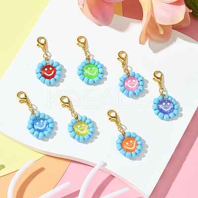 Flat Round with Smiling Face Glass Seed Pendant Decorations HJEW-MZ00092-1