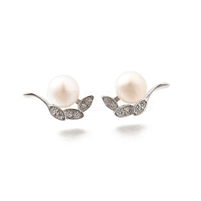 925 Sterling Silver Clear Cubic Zirconia Leaf Stud Earrings EJEW-L300-08P-1