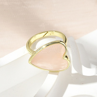 Heart Brass Natural Rose Quartz Finger Rings RJEW-D304-01G-B-1