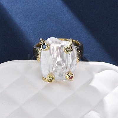 Brass with Natural Baroque Pearl Finger Rings RJEW-Q023-01G-1