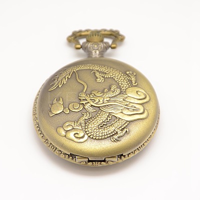 Vintage Flat Round Carved Dragon Alloy Quartz Watch Heads Pendants for Pocket Watch Necklace Making WACH-M109-21-1